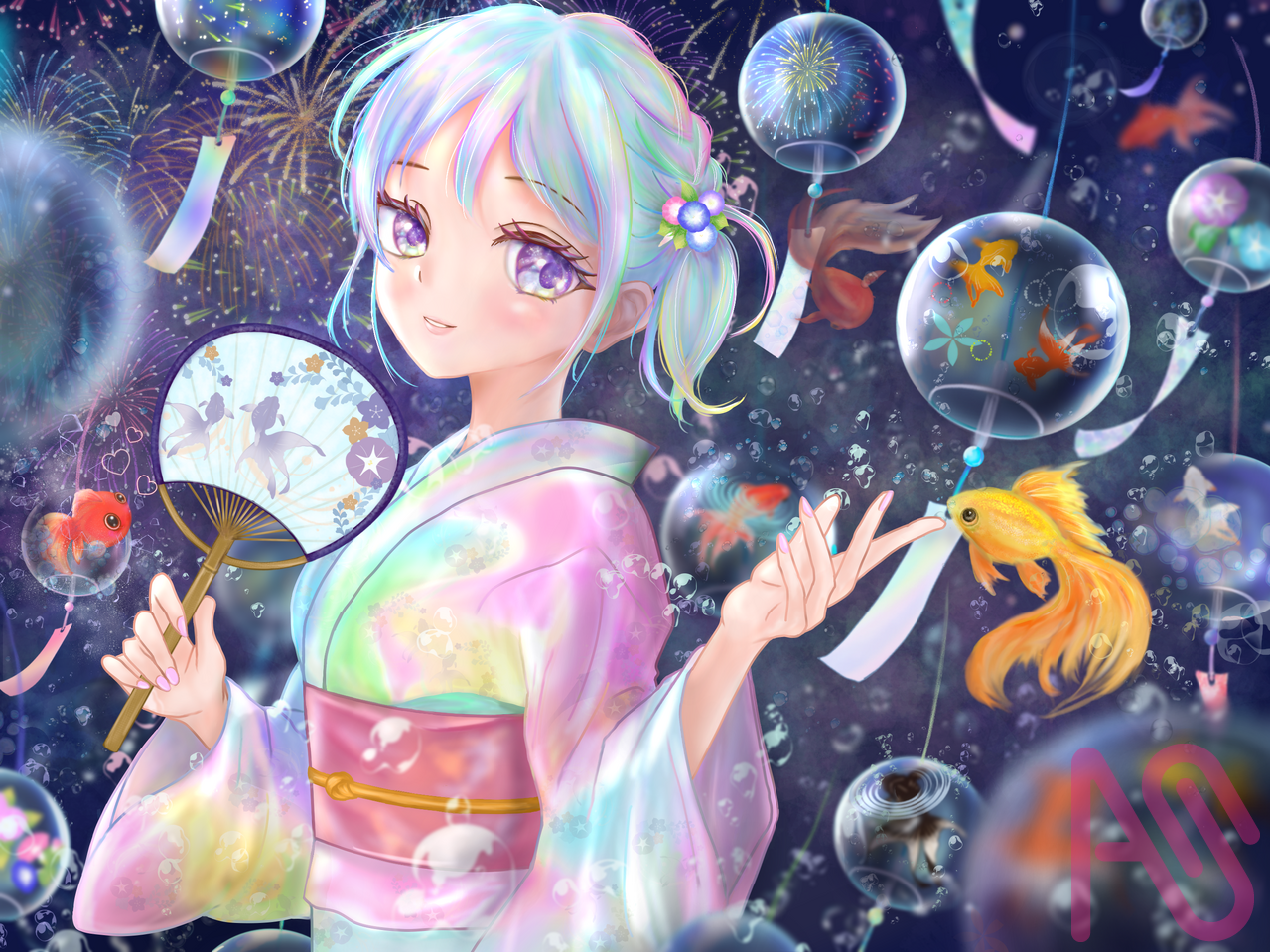 ちりりん♪ 風鈴夜行　今宵はお空で泳ぎましょ Illust of あやち 〜ayachi〜 girl summer 夜空 花火 kawaii goldfish yukata 風鈴