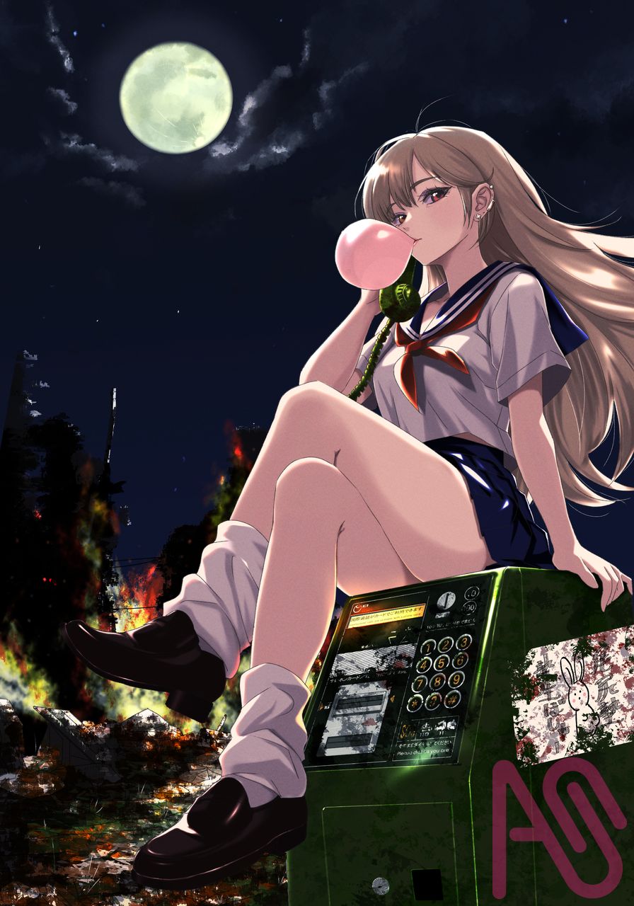 月下交信 Illust of はんりんご girl moon 公衆電話 健全 フーセンガム 尾尻塾