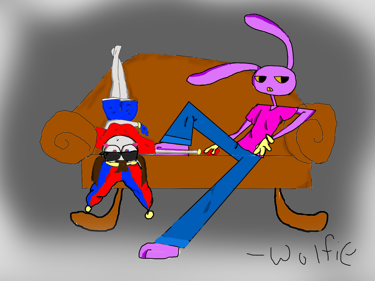 FunnyBunny Jax x Pomni sitting on a couch Illust of Wolfie medibangpaint circus Jax jax Pomni TADC pomni funnybunny FunnyBunny