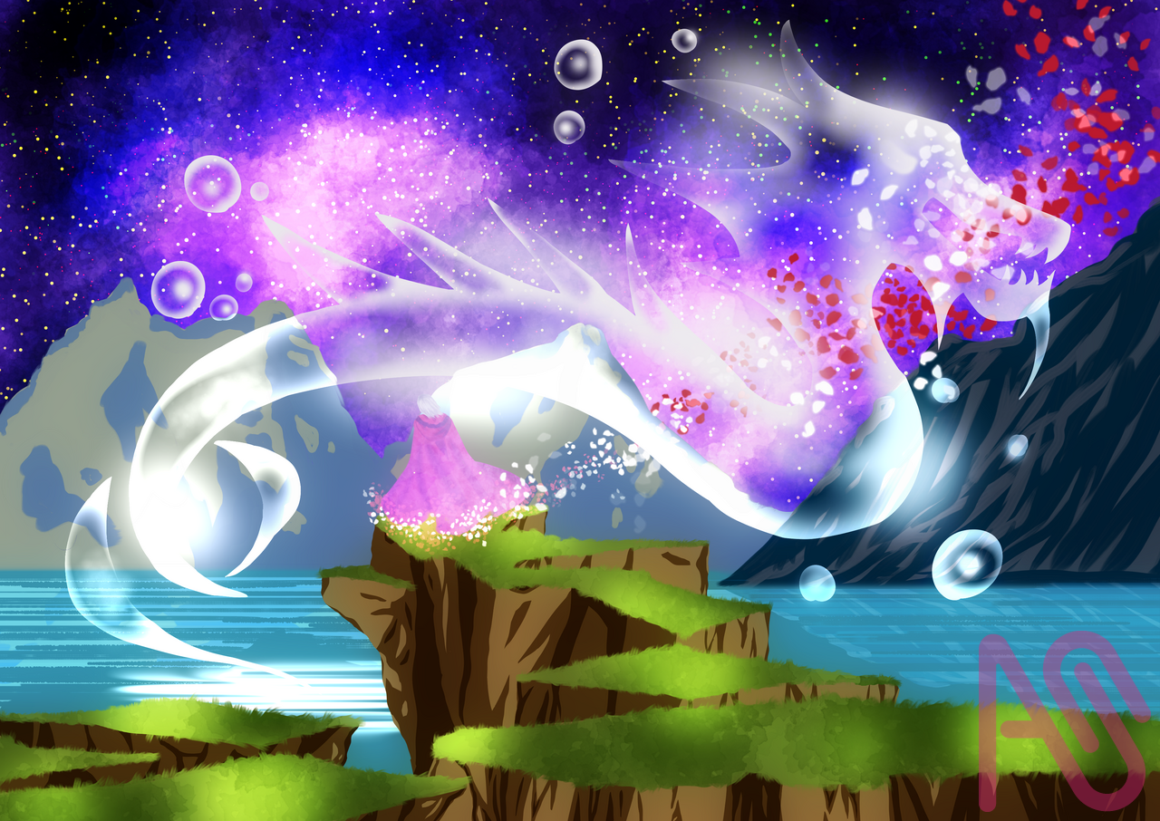 「霧と星の境界線」 Illust of フレイア・ベアトリス 異世界 illustration dragon starry_sky 崖 神秘的 ファンタジーアート 異世界イラスト space メディバンペイント