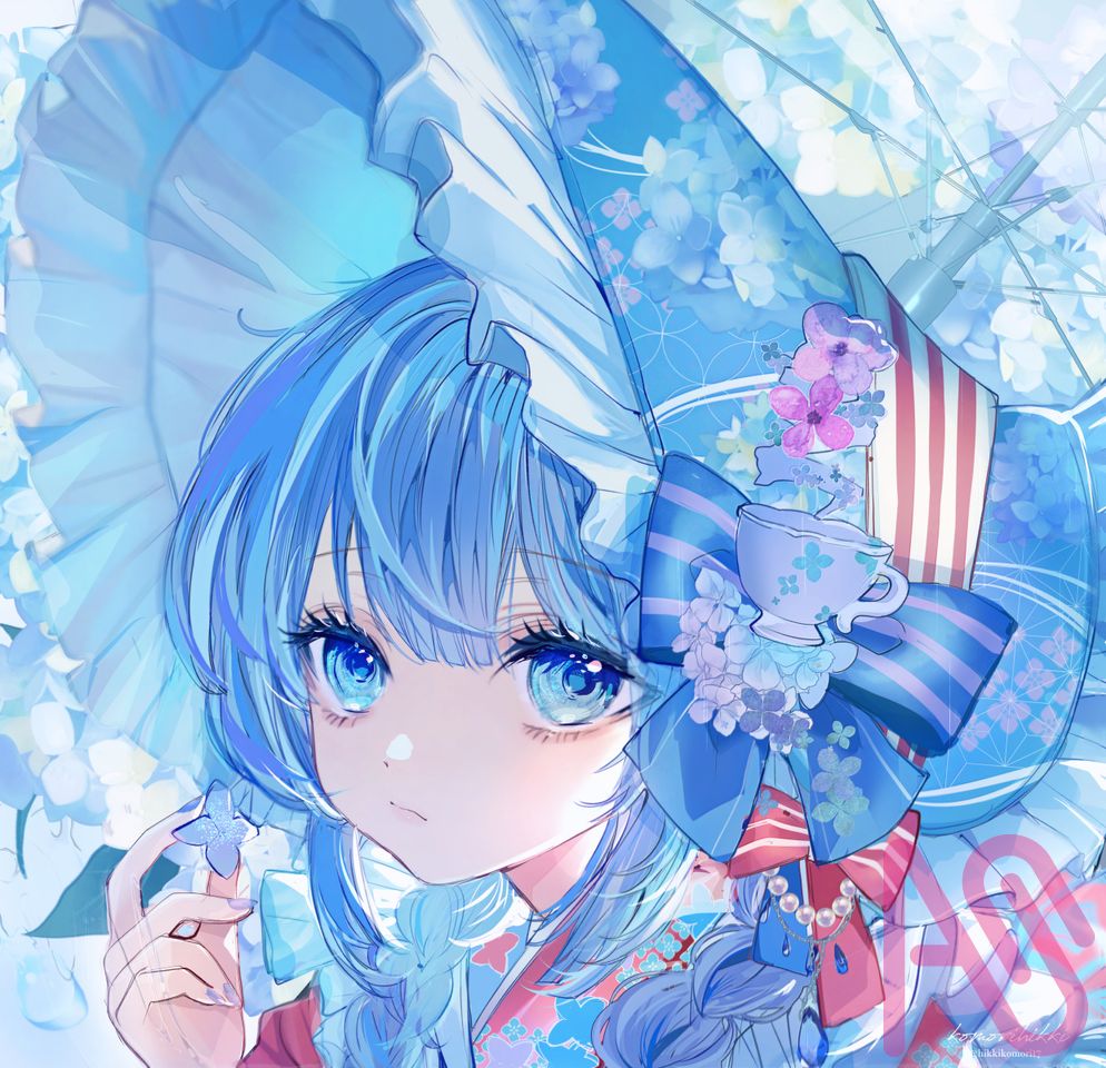 梅雨の紫陽花紅茶ちゃん Illust of こもりひっき🦋初書籍★メルヘンファンタジー衣装アイデアbook Japanese_style girl illustration original digital oc rain umbrella 梅雨