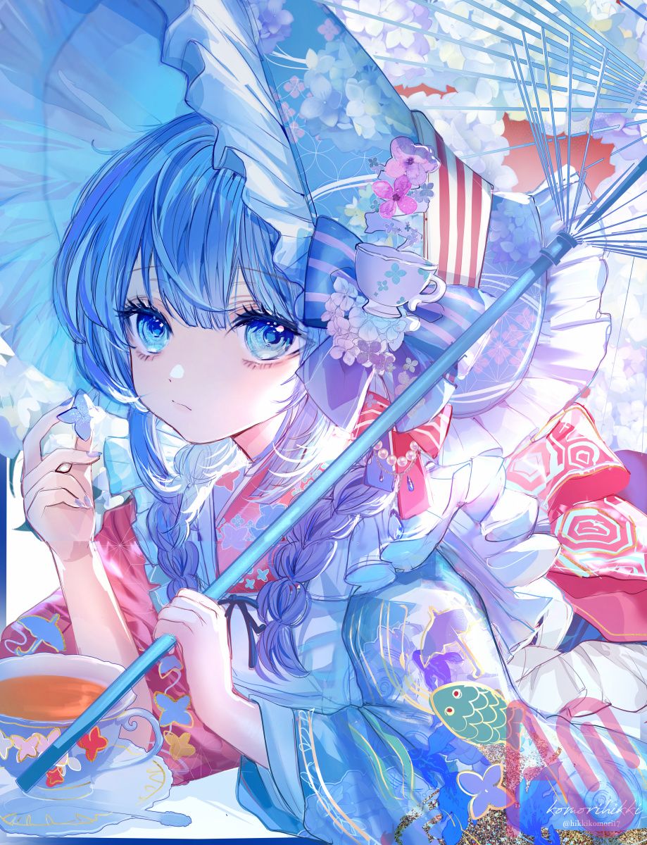 梅雨の紫陽花紅茶ちゃん Illust of こもりひっき🦋初書籍★メルヘンファンタジー衣装アイデアbook Japanese_style girl illustration original digital oc rain umbrella 梅雨