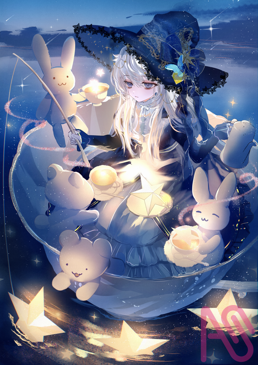 魔女と星の紅茶☕ Illust of こもりひっき🦋初書籍★メルヘンファンタジー衣装アイデアbook witch girl blue illustration original digital night oc star