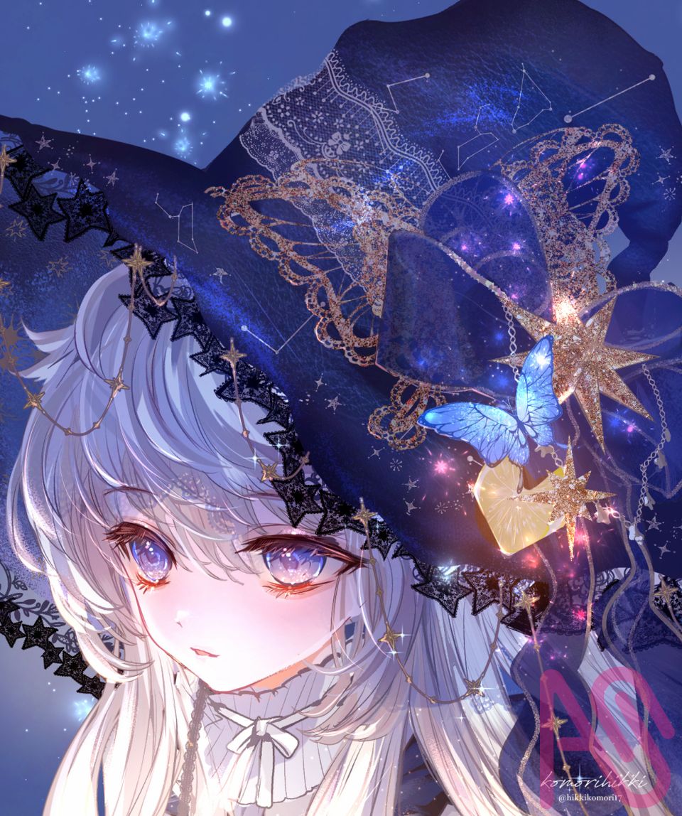 魔女と星の紅茶☕ Illust of こもりひっき🦋初書籍★メルヘンファンタジー衣装アイデアbook witch girl blue illustration original digital night oc star