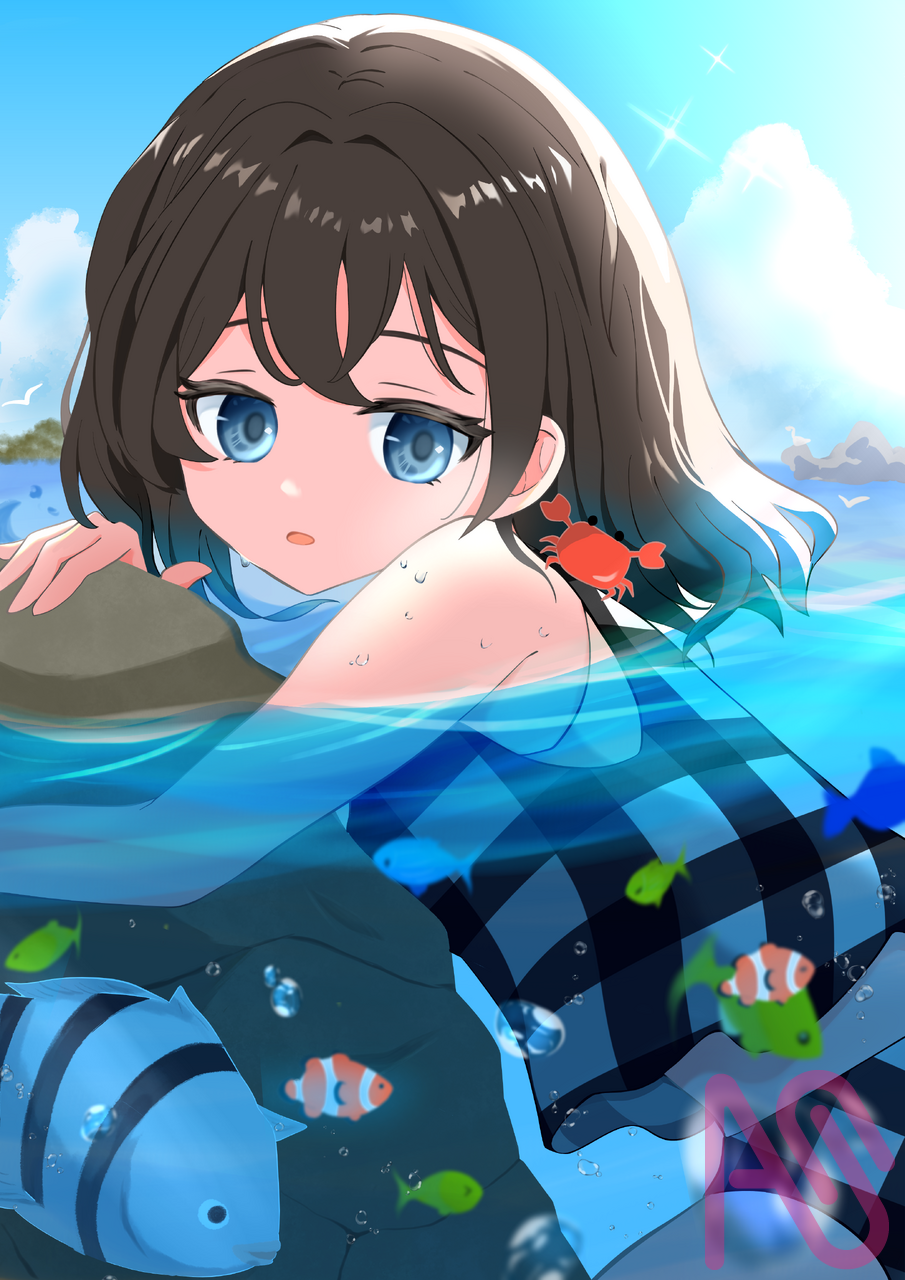 岩場でひとやすみ Illust of さき HUIONIllustrationContest2025 girl blue summer 夏休み cute oc background sea swimsuit