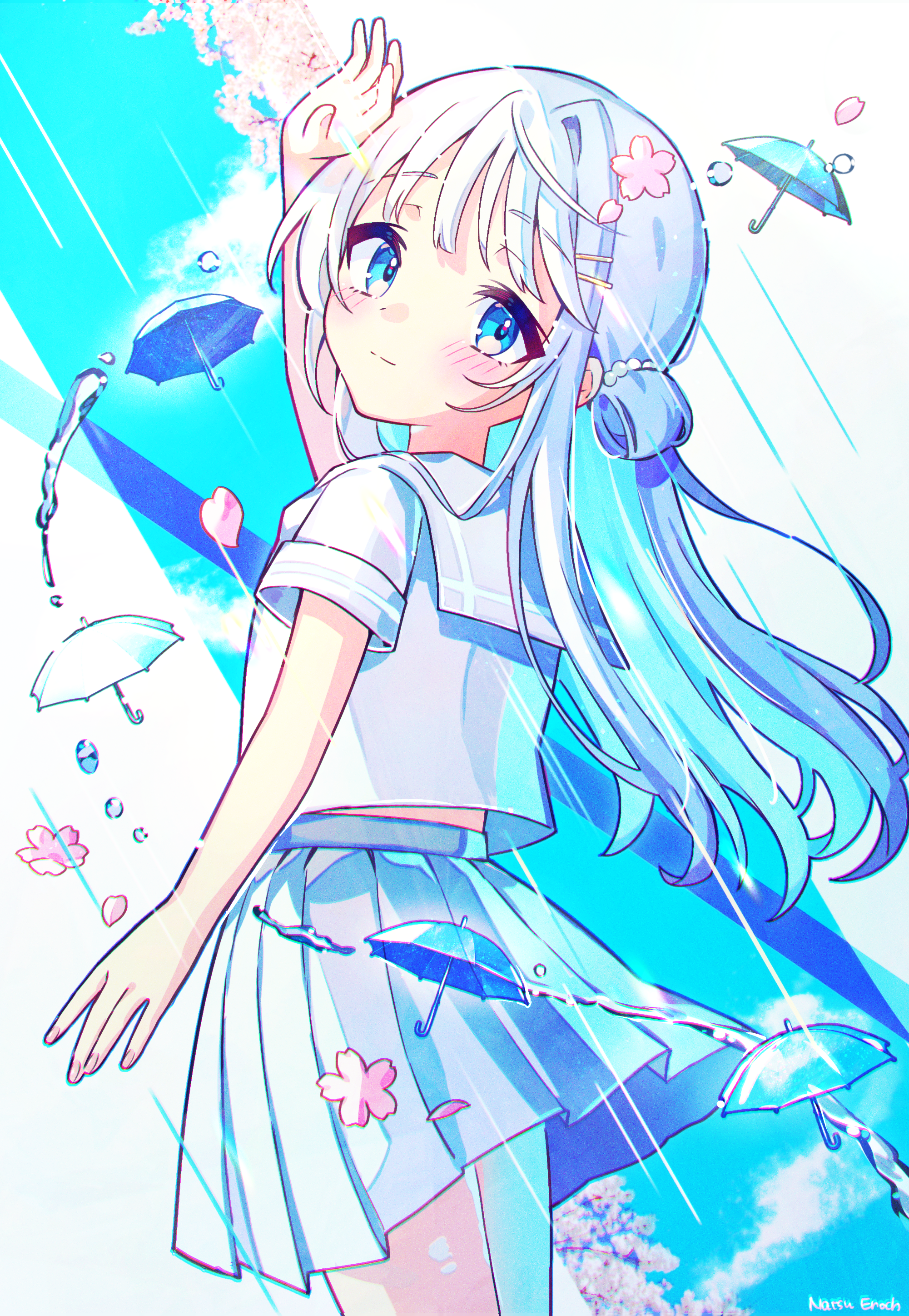 青い女性の絵 桜と雨🌸 Natsu Enoch - イラスト ART street (アートストリート)