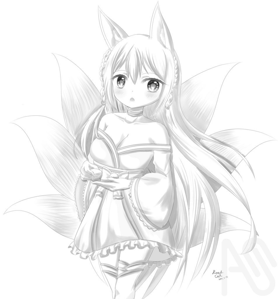 狐娘 山藥 Illust of 路邊的野猫 girl cute 黑白 kawaii よその子 animal_ears 過去絵 longhair fox 絵柄が好みって人にフォローされたい