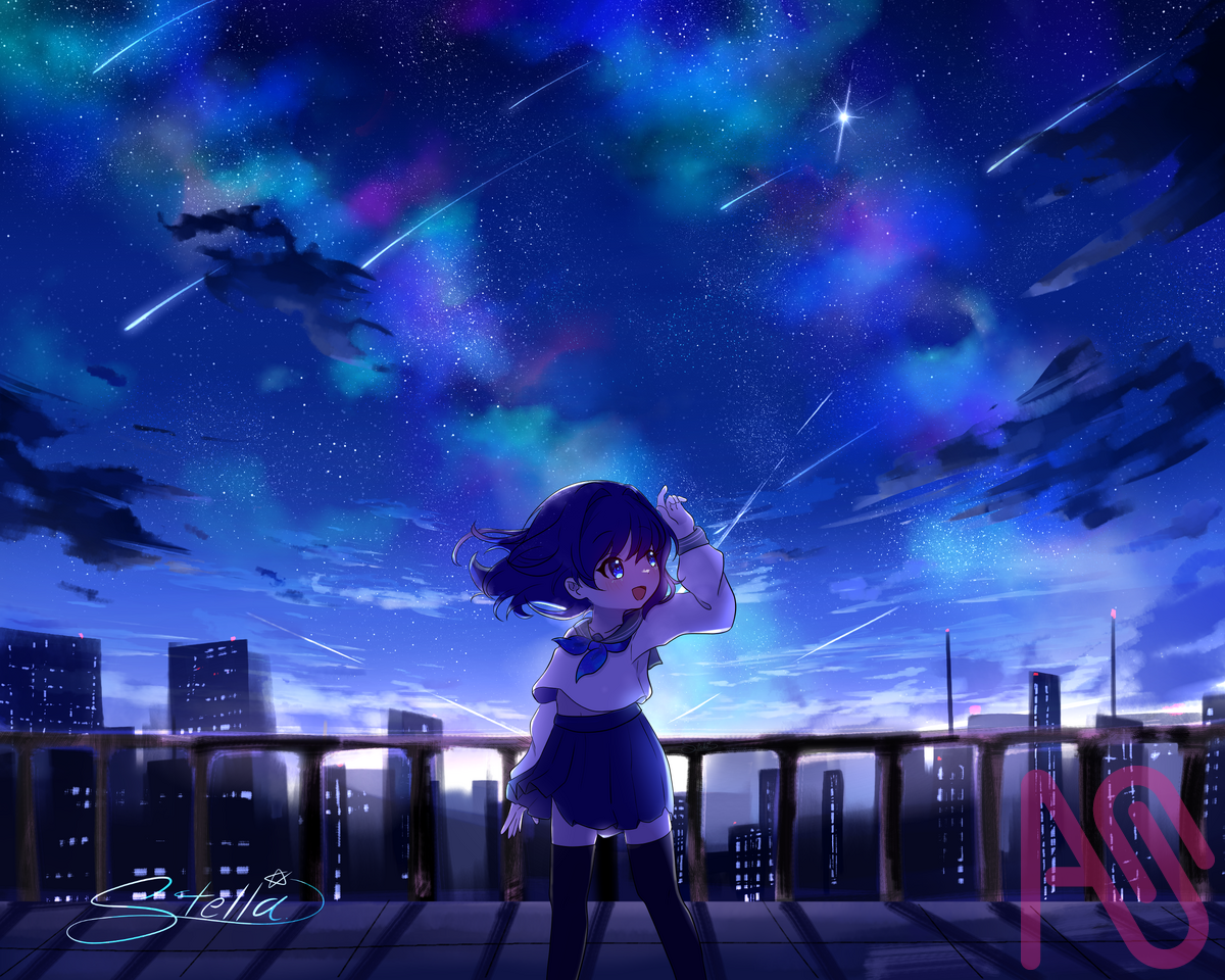 夜明け前の星天 Illust of ステラ💫 街 夜景 girl illustration starry_sky original oc star