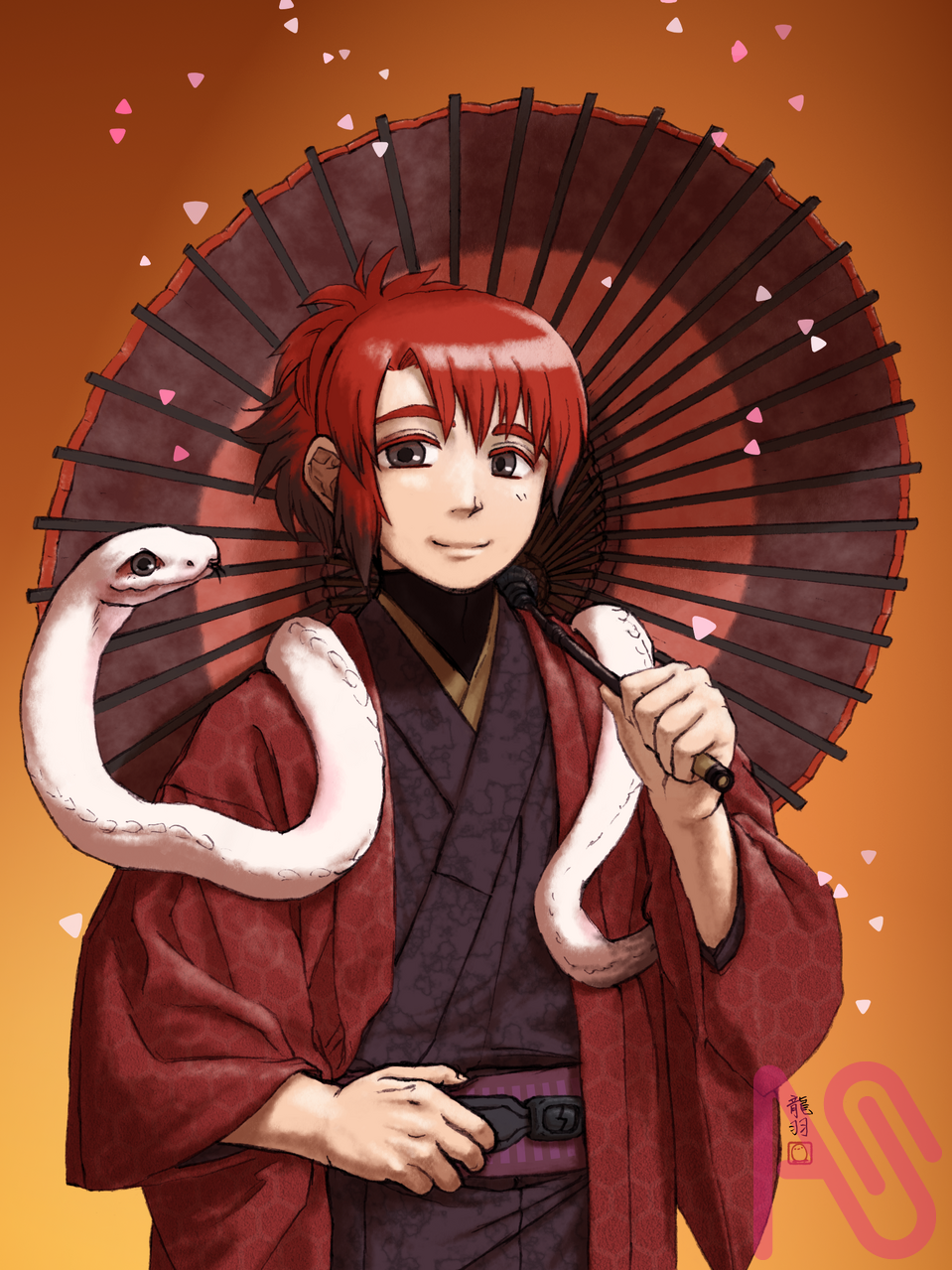 謹賀新年2025 Illust of 龍羽 kimono 和傘 illustration 謹賀新年 白蛇 AffinityPhoto 着物男子 巳年 蛇の目傘