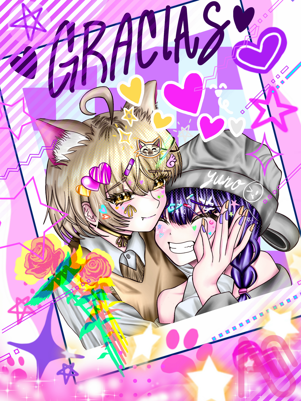 りめるちゃん、お誕生日おめでとう！！！🎉🤎🤍 スペシャルゲスト：yu_noちゃん！！！🤍🖤 Illust of もんちた9_2_0Monchita ᕦ(＾▽＾)ᕤ☆ girl illustration art cute medibangpaint oc kawaii ニャン星のひみつファイル yu_no:3 yu_no:3あーと♥