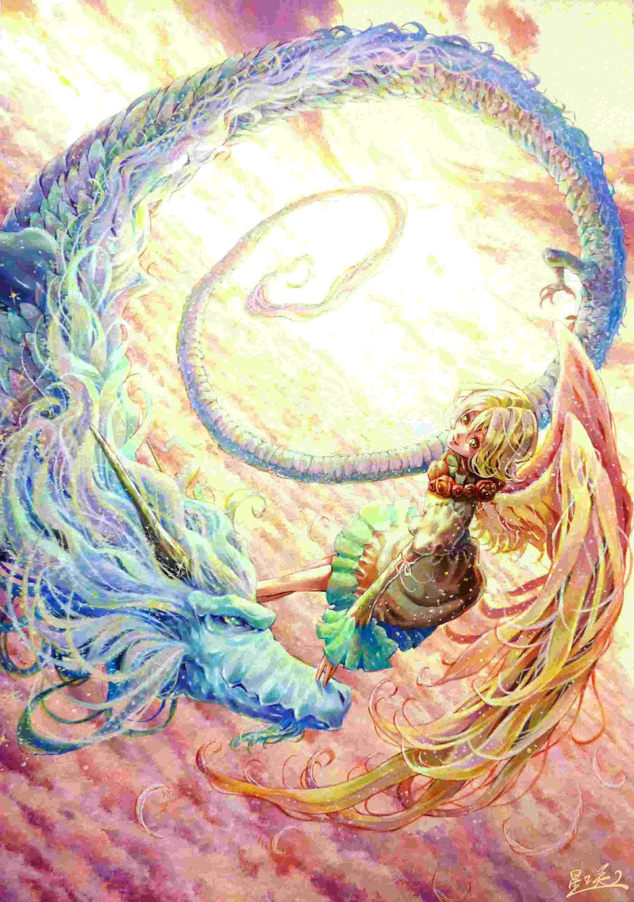 龍神の絵《龍と天使の羽》-灯-