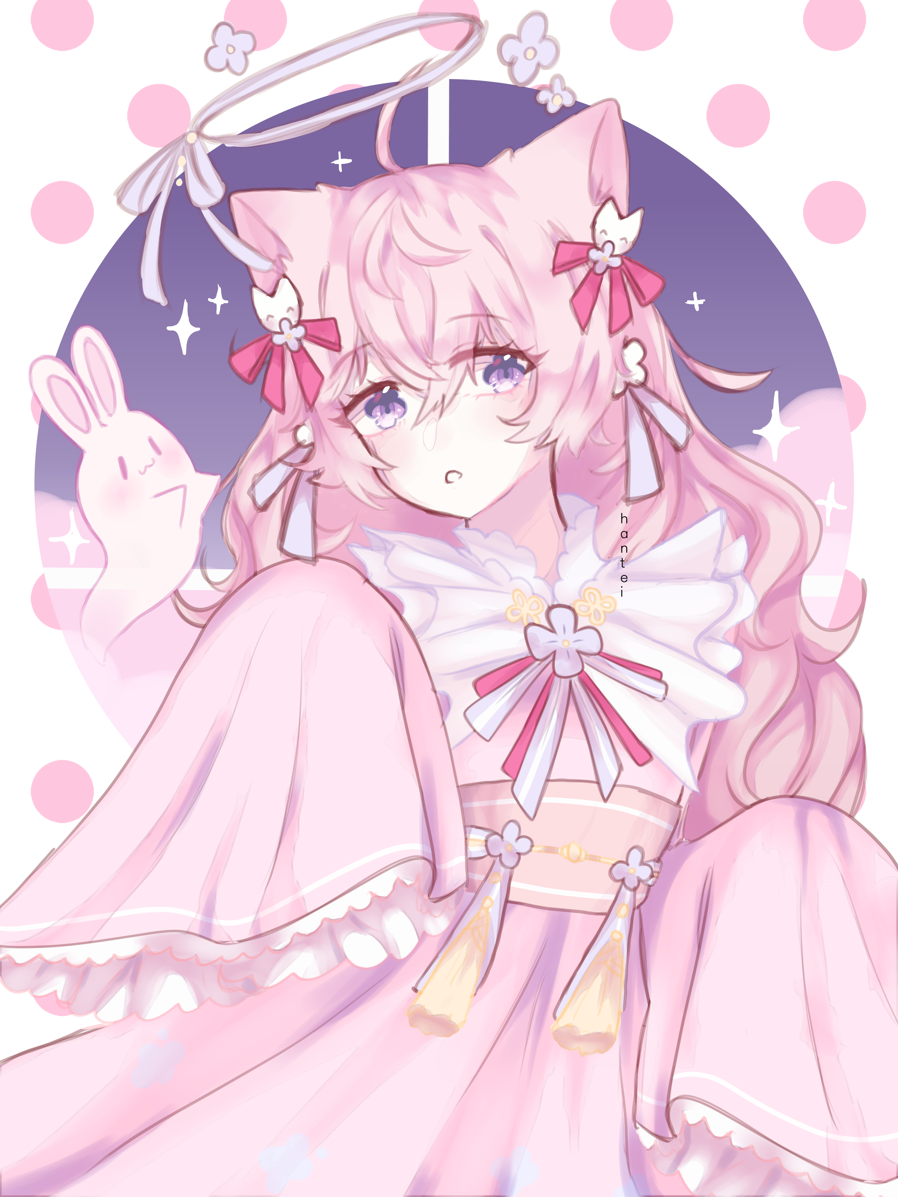 シーグラスアート 狐の女の子♪〜ピンクver.〜 春咲桜狐「可動！」桜 蝶々 天狐 狐 白狐 桜 妖狐 稲荷 縁起物