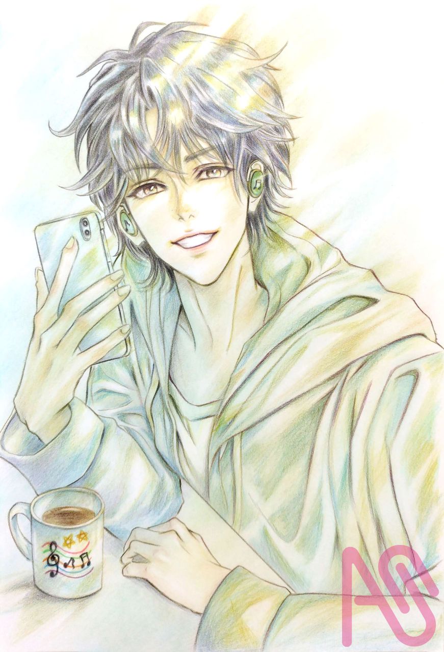 一緒に聴く？ Illust of ルナ coloredpencil original male pastel analog