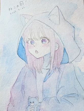 らくがきねこの日🐈‍⬛ Illust of Mona girl 透明水彩 illustration doodle イラスト練習 ねこの日