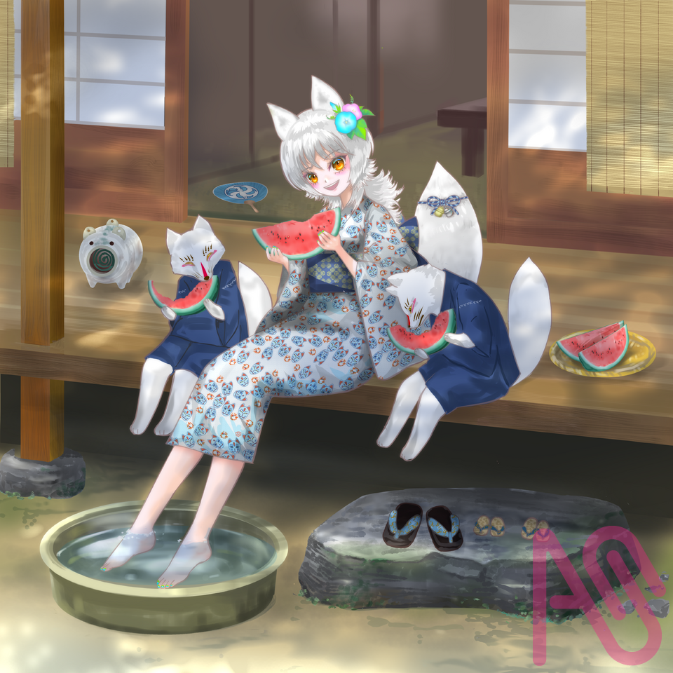 #58 Omnibusー涼んでく？ Illust of スローロリス１号 HUIONIllustrationContest2025 girl summer oc 縁側 kawaii スイカ 白狐 狐巫女 蚊取り線香 昭和の夏