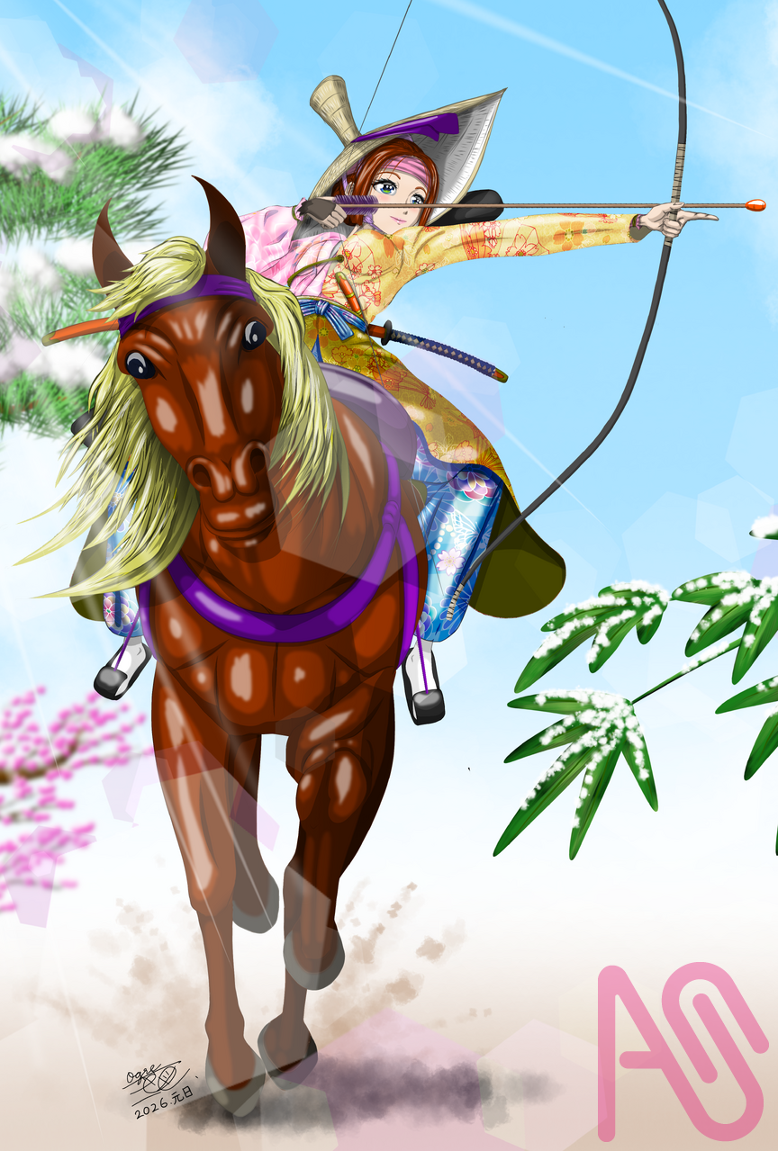 初春の流鏑馬 Illust of 大賀　三芭図（tachibanafactory） 年賀状 新春 松竹梅 Horse 流鏑馬 年賀状イラスト 午年 やぶさめ 2026 午年年賀状