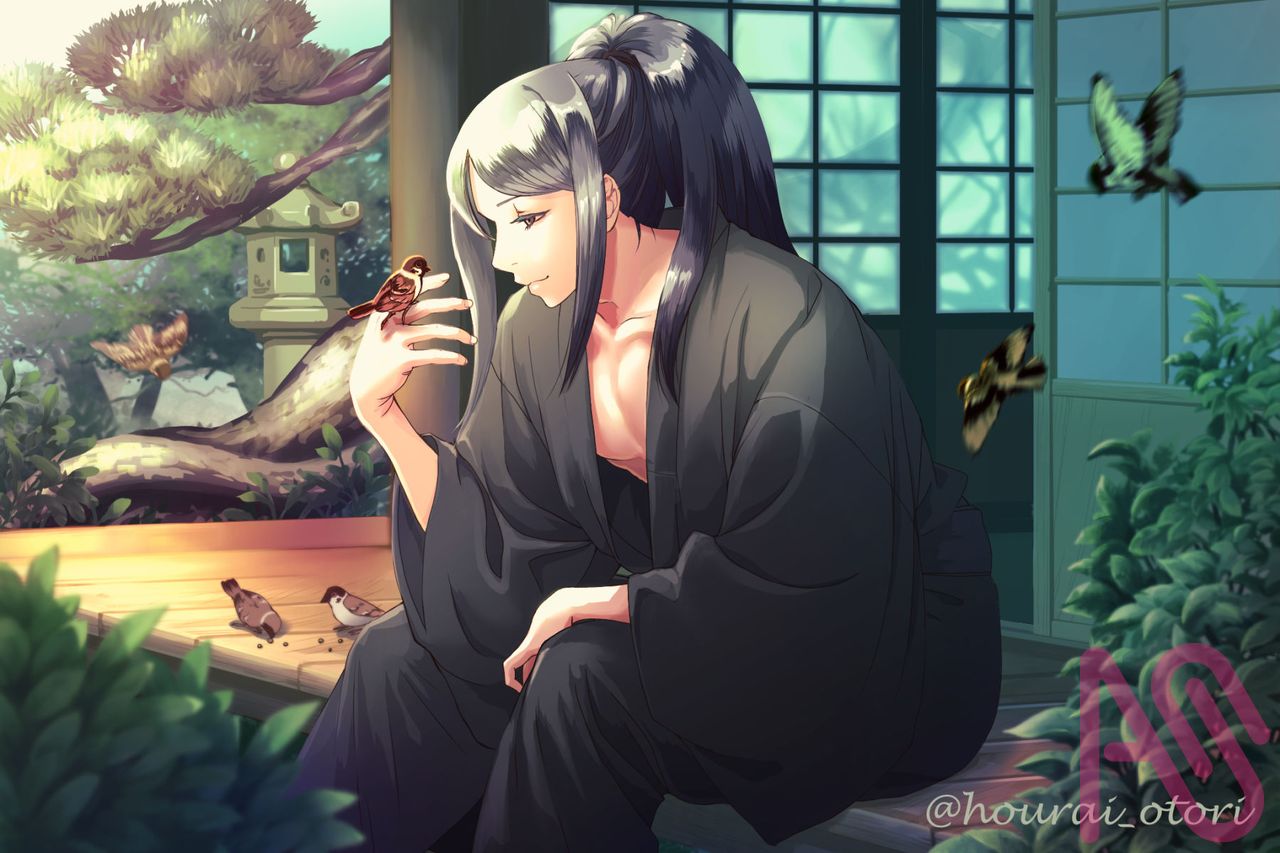 縁側 Illust of 鳳小羽 Japanese_style kimono background long‐haired_man スズメ