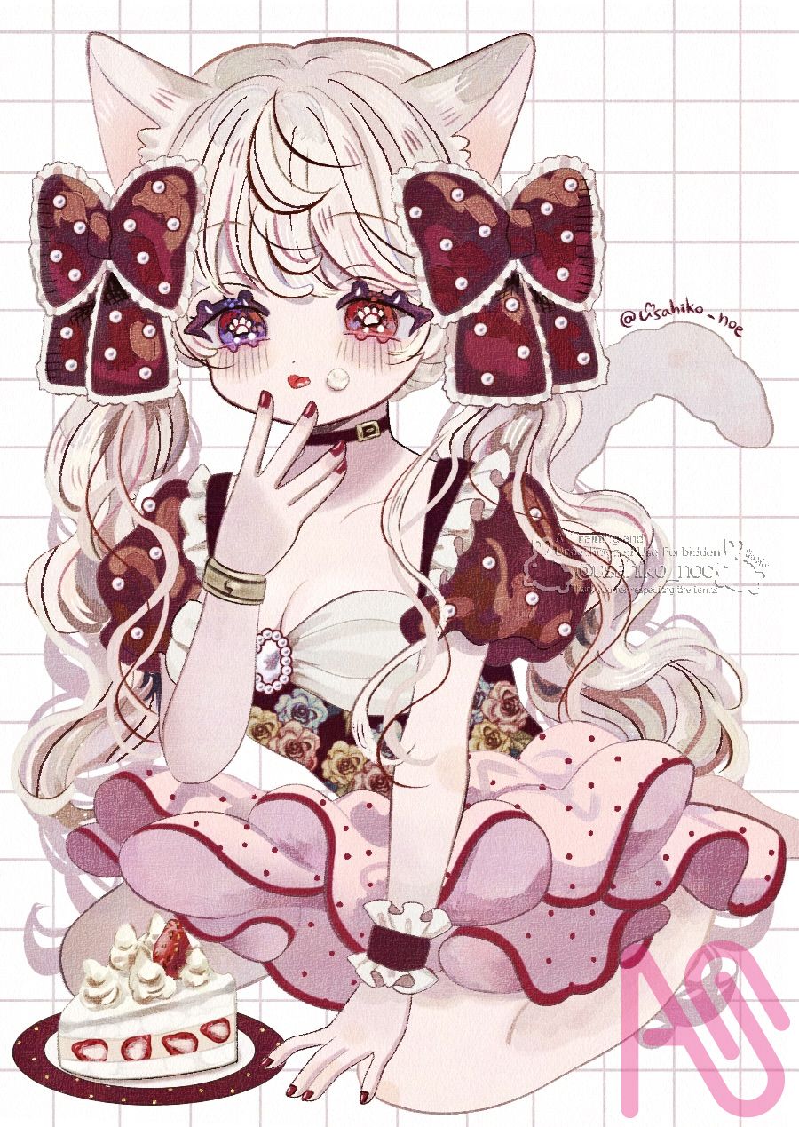 つまみ食い白猫ちゃん Illust of 兎彦(usahiko) Personification twin_ponytails girl illustration cat_ears original cute oc cake 創作イラスト