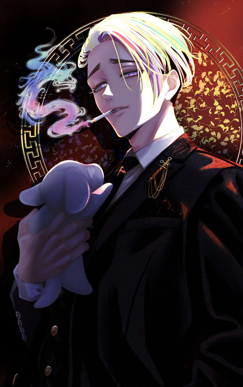 【遅刻】makina.さんHBD Illust of Shiki dog blue illustration tobacco digital male black ネクタイ suit へびすも
