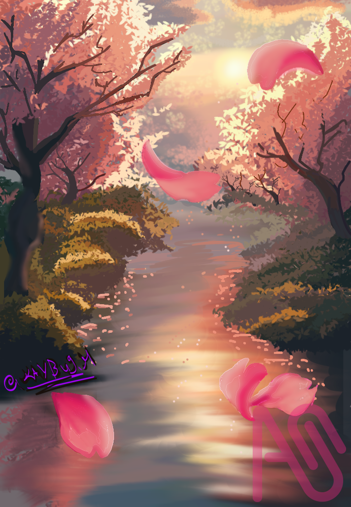 Pink Illust of Kaybug.H CherryBlossomIllustrationCampaign art digital semirealism sunset scenery SakuraFlower
