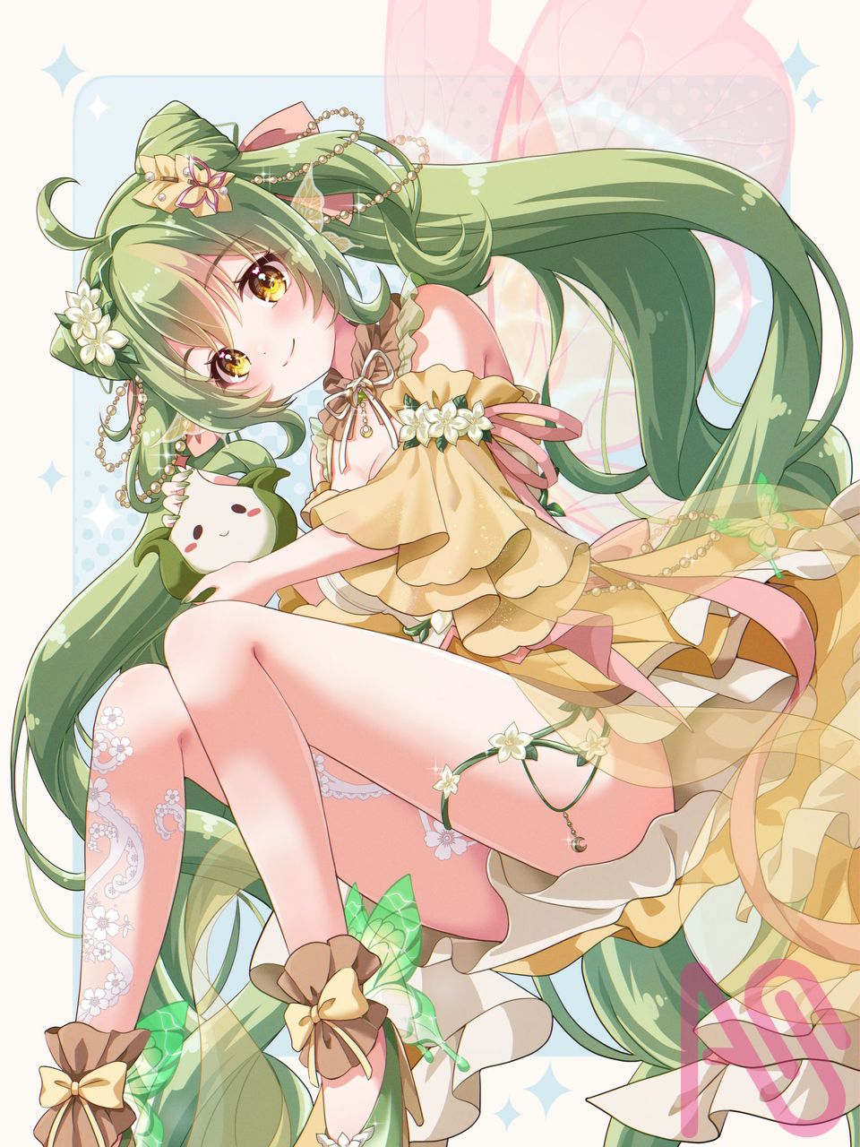 commission[137] Illust of Yui Mirano@WhiteBearYM 羽 twin_ponytails girl butterfly commission greenhair Artwork commissionsopen virtual_YouTuber commissionart