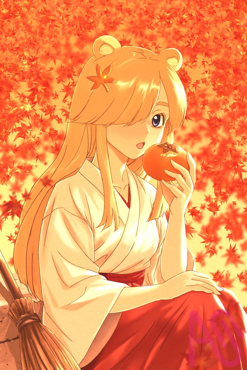 紅葉と柿 Illust of はんりんご girl 箒 紅葉 巫女服 柿 文字はBANされるかテスト 公園でくまさんにあったら 大声を出さずに、距離を取りましょう