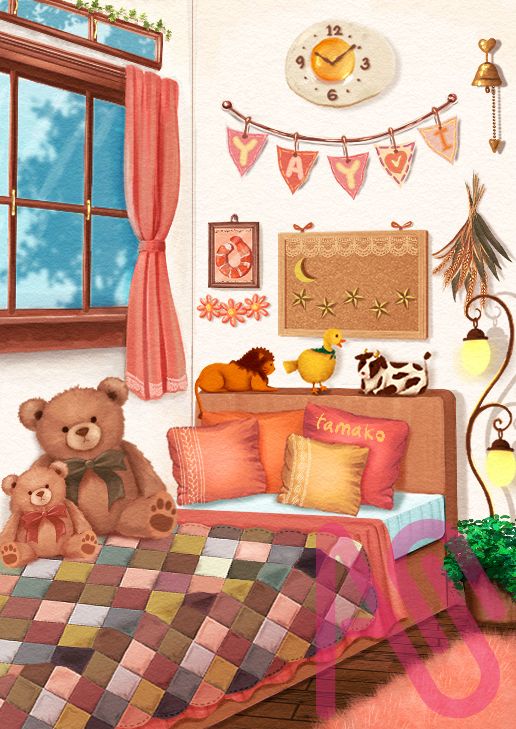 過去絵リメイク Illust of たまこ 部屋 ライオン テディベア 牛 アヒル 目玉焼き パッチワーク