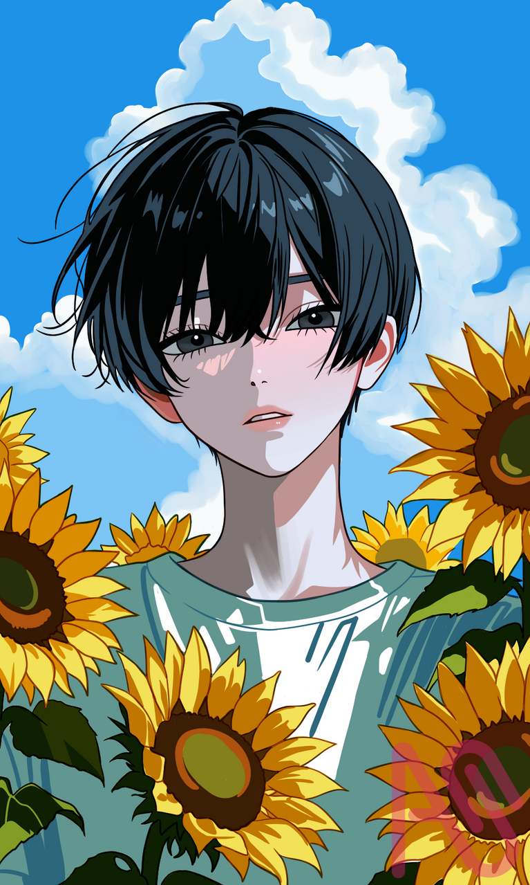 The Stillness Before Goodbye Illust of likorisrina HUIONIllustrationContest2025 summer sky drawing boy grey green flower digitalpainting sunflower