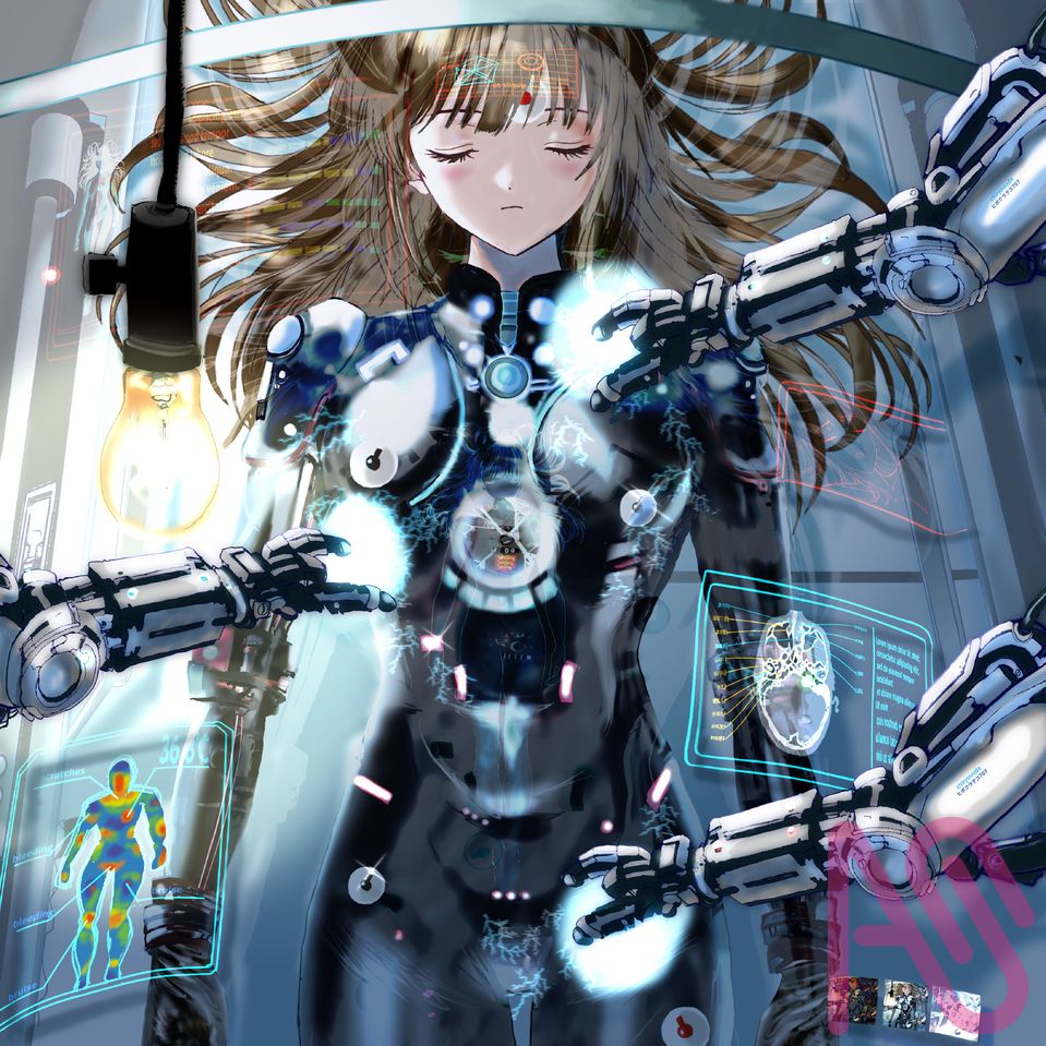 ダミーテキスト Illust of アオキ girl 近未来 oc cyberpunk SFファンタジー ホラー風 アオキガール バイオスーツ 裸電球