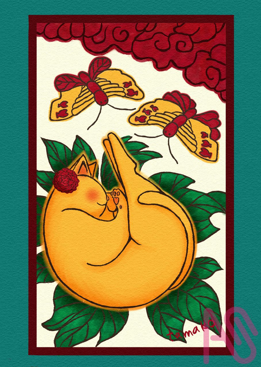 猫ねこネコ Illust of たまこ cat butterfly fish 花札 猪鹿蝶