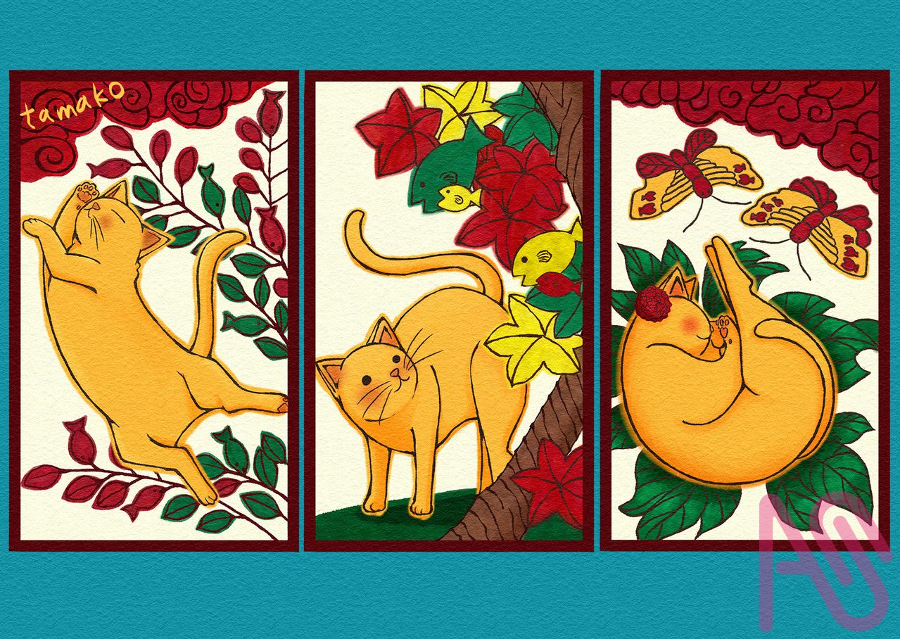 猫ねこネコ Illust of たまこ cat butterfly fish 花札 猪鹿蝶