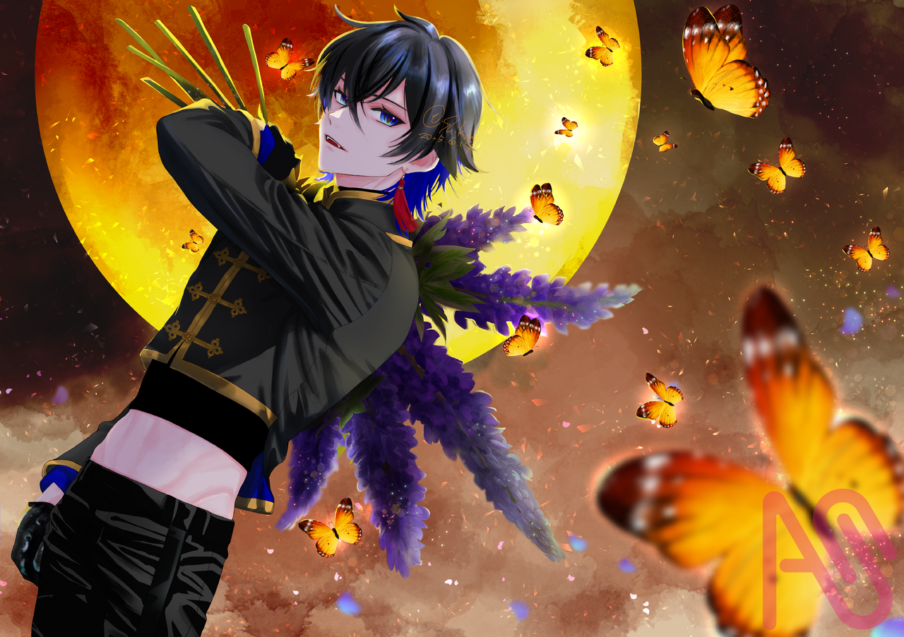 ＠：Rou.さんの代理 Illust of Shiki painting moon art オレンジ digital male boy flower 代理 ルピナス