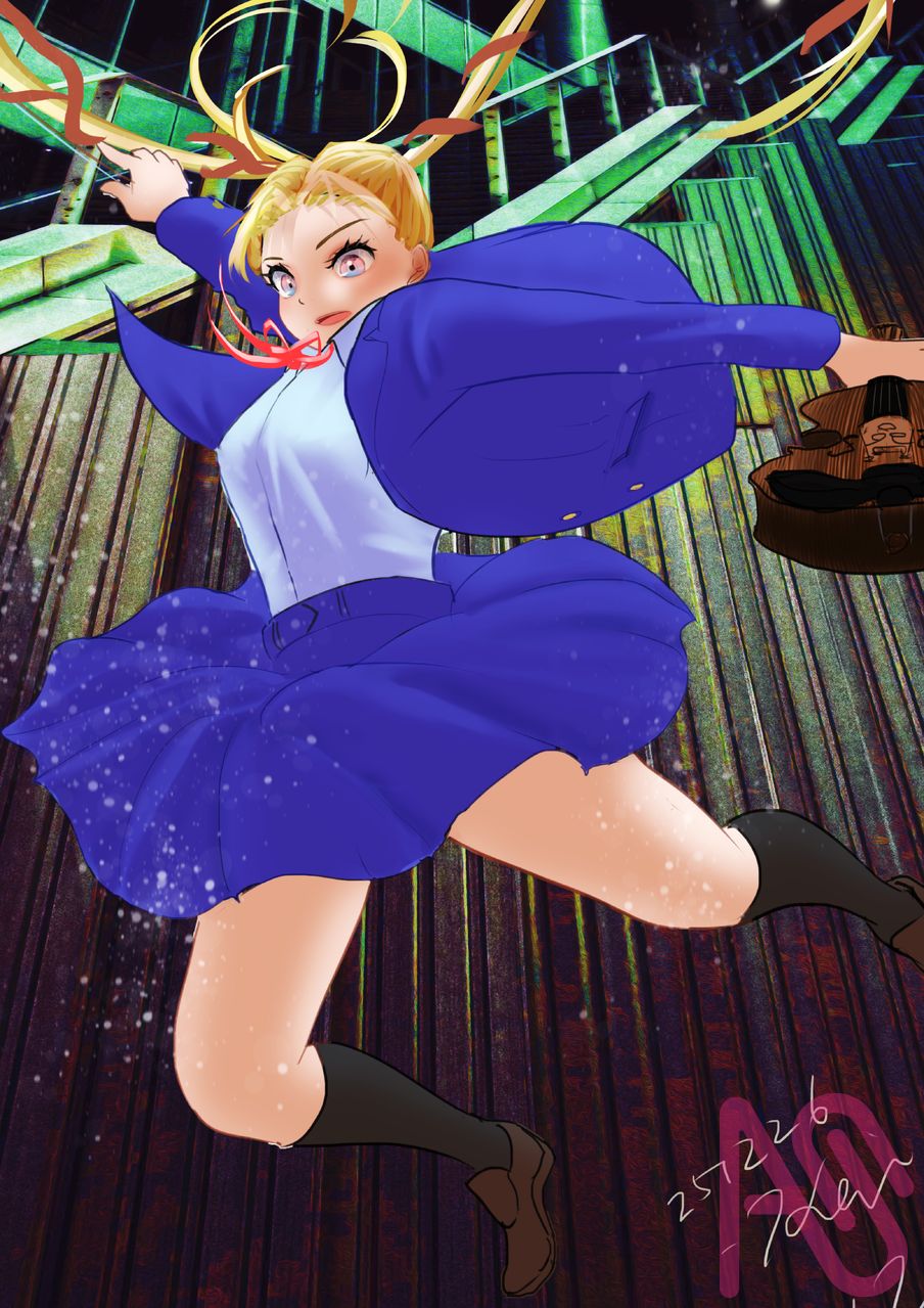 飛び降りる！ Illust of おきけい 女子高生 剣士 girl 楽器 violin 楽器で暴れる