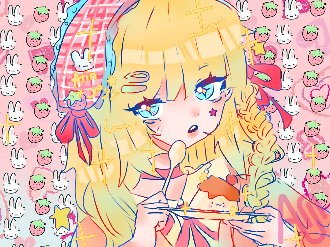 🍓🍮🤤✨ Illust of ˖🌊⋆☆Arinプリン🍮‧₊˚☆˖⋆🐚 pink cute kawaii bunny star strawberry pudding