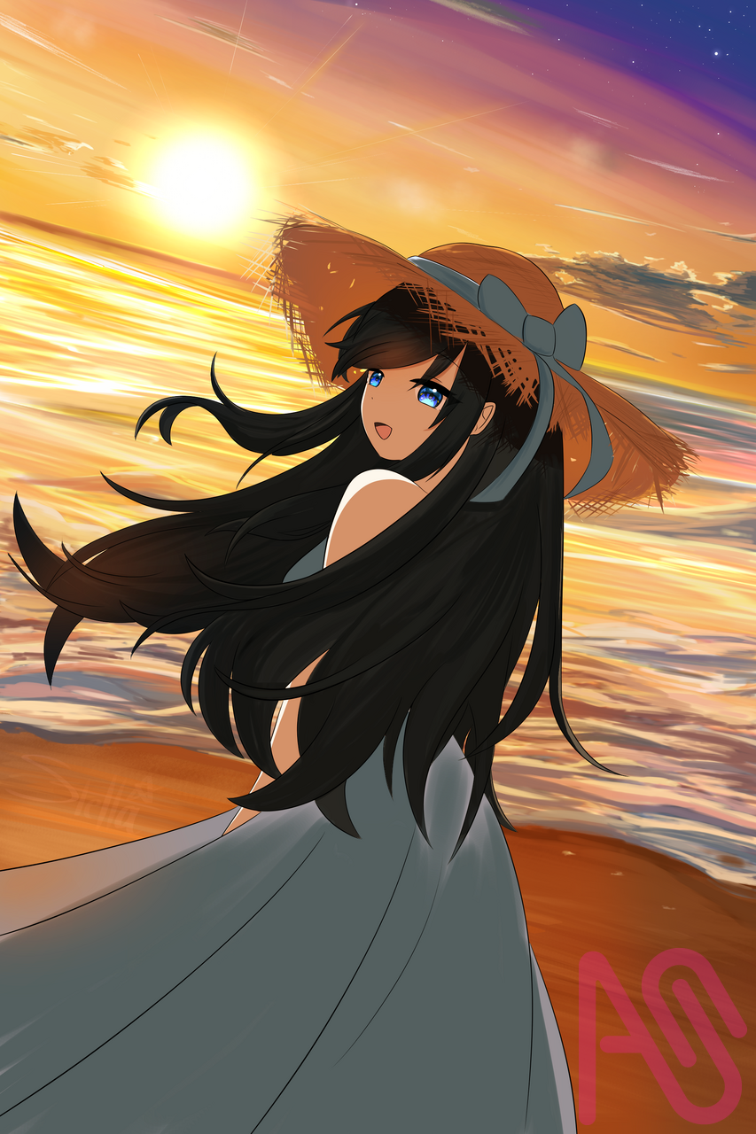 日が沈む浜辺で Illust of ステラ💫 HUIONIllustrationContest2025 girl illustration original sea 夕方