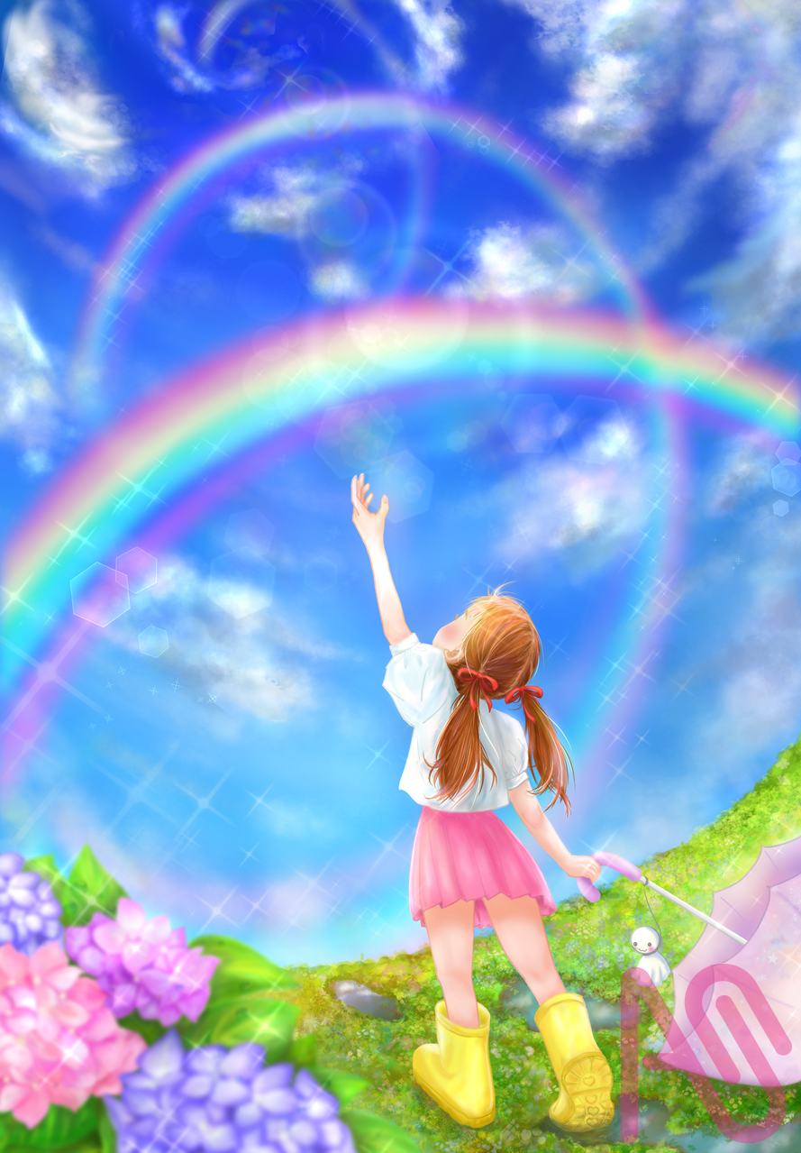 この日、特別な虹を見た。 Illust of あやち 〜ayachi〜 HUIONIllustrationContest2025 girl sky illustration kawaii rainbow hydrangea 雨上がり