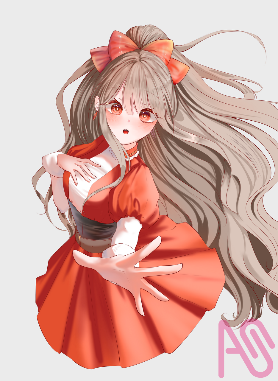 Illust of わか painting girl illustration pink woman oc red dress 리본