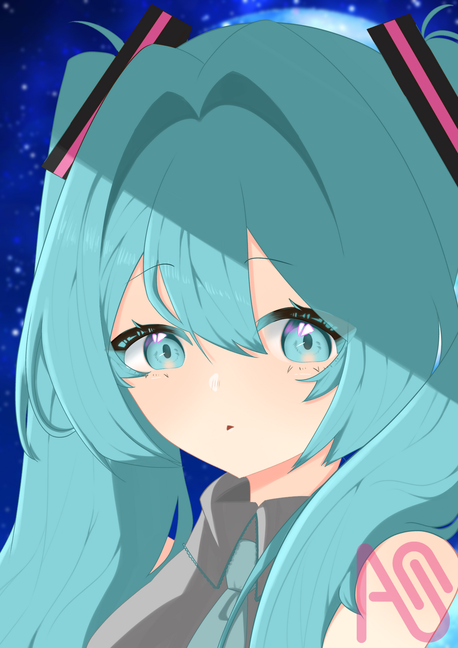 ミクちゃん🫶 Illust of ちょこラテ fanfic twin_ponytails fanart hatsunemiku VOCALOID illustration digital 青髪 デジタルイラスト