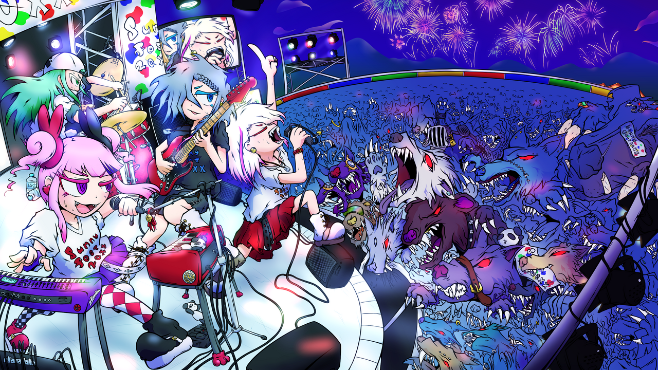 #112　夏フェス!!! Illust of 大倉にゃな HUIONIllustrationContest2025 girl 楽器 うちの子 music illustration ポップ oc 花火 バンド 自分の為に描いた絵