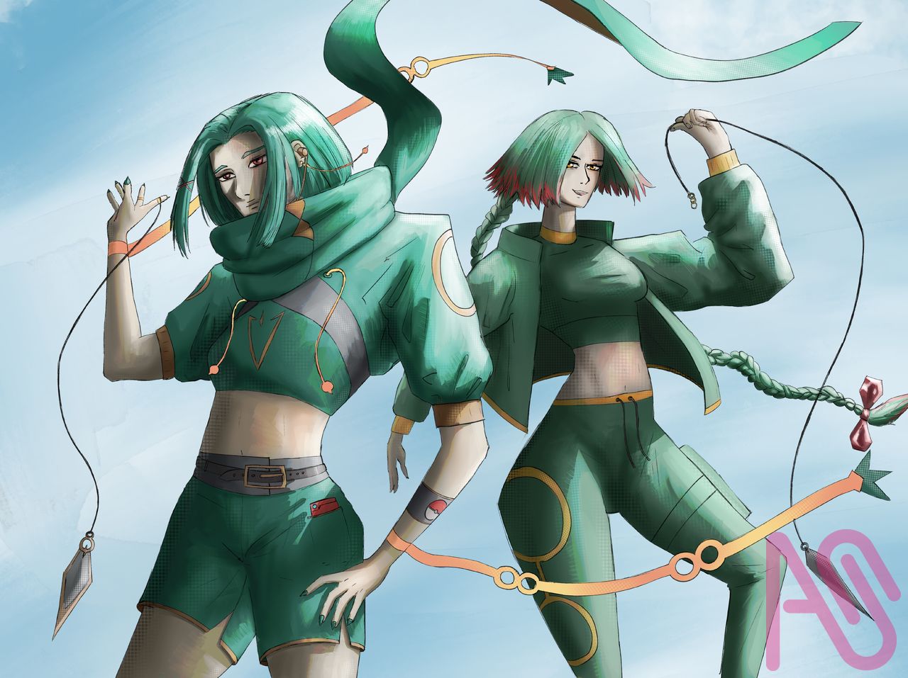 Mega Rayquaza and Rayquaza as humans Illust of RJH Art girl woman sketch pokemon portrait green fighter Rayquaza