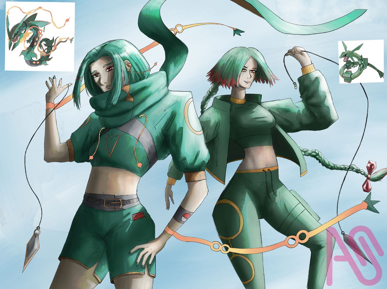 Mega Rayquaza and Rayquaza as humans Illust of RJH Art girl woman sketch pokemon portrait green fighter Rayquaza