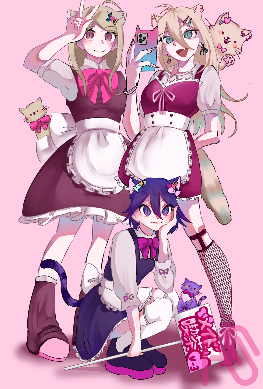 メイド喫茶やってまーす！ Illust of みーちゃん DanganronpaCreativeContestIllustrationCategory メイド服 Danganronpa 赤松楓 超高校級 DanganronpaV3 KokichiOuma 入間美兎 アカマツカエデ オウマコキチ 王馬くん