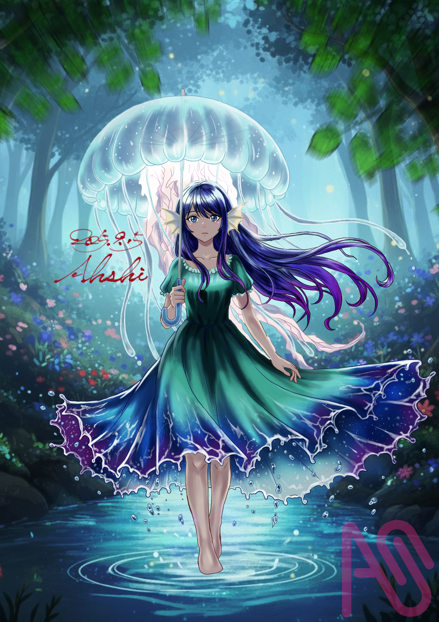 水の聖女 Illust of あっしぃ forest 一次創作 girl オリジナルキャラ fish jellyfish water 幻想的 展示 衣装デザイン