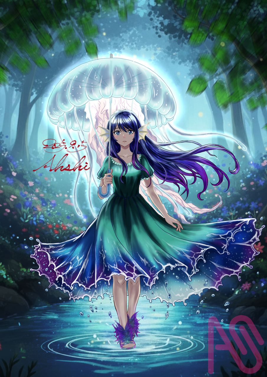 水の聖女 Illust of あっしぃ forest 一次創作 girl オリジナルキャラ fish jellyfish water 幻想的 展示 衣装デザイン