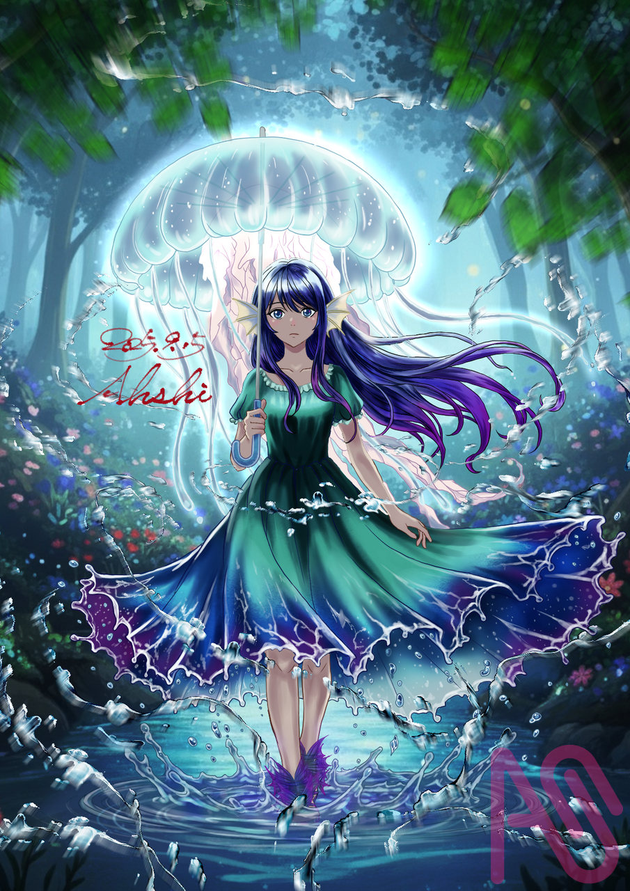水の聖女 Illust of あっしぃ forest 一次創作 girl オリジナルキャラ fish jellyfish water 幻想的 展示 衣装デザイン