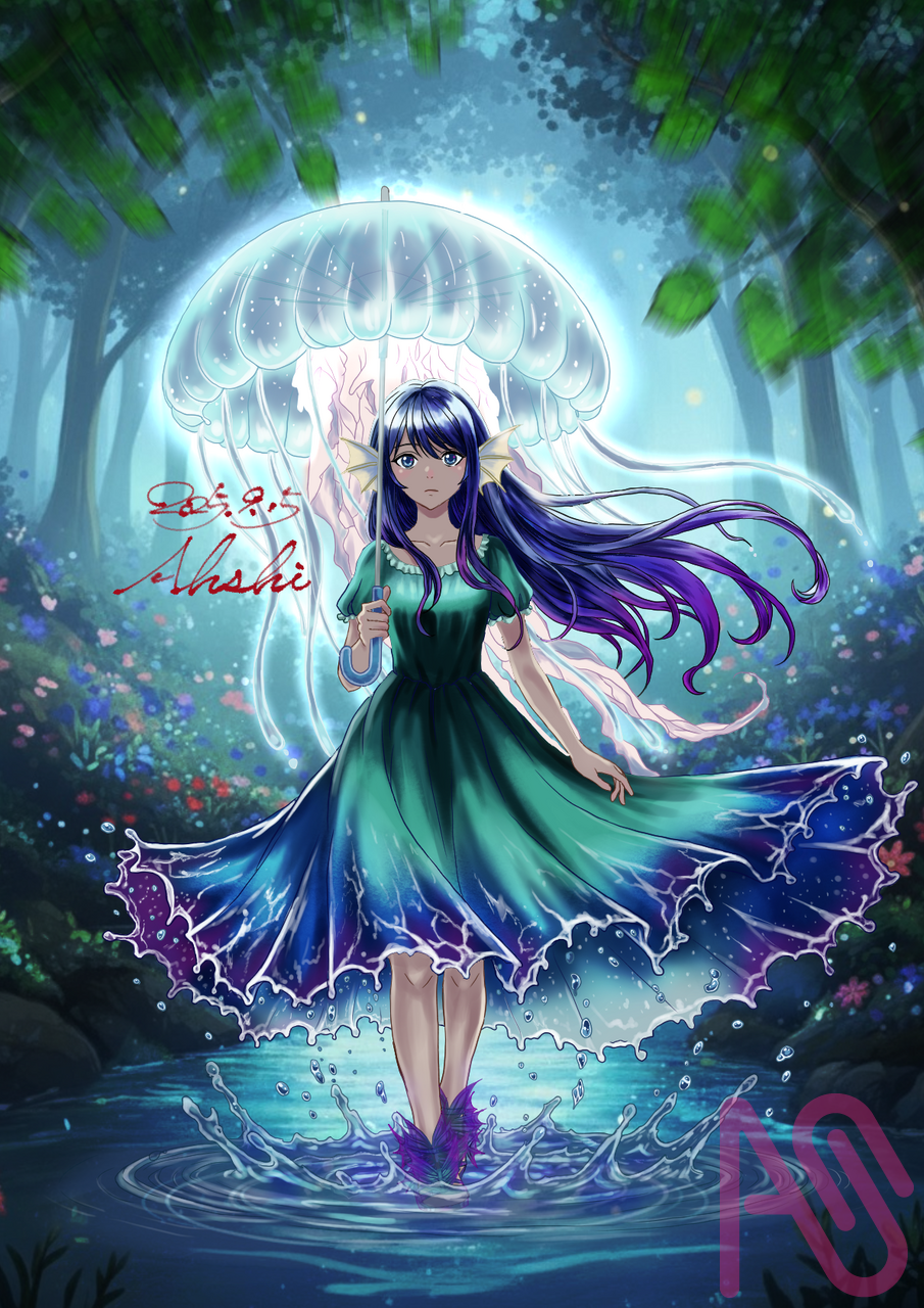 水の聖女 Illust of あっしぃ forest 一次創作 girl オリジナルキャラ fish jellyfish water 幻想的 展示 衣装デザイン