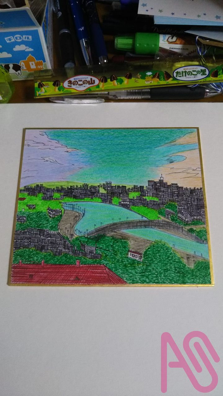 翠の川、赤屋根の街 Illust of 信濃南樹 ペン画 coloredpencil ペン 鉛筆画 sunset 背景イラスト 色鉛筆画 analog ミニ色紙 ミニ色紙背景
