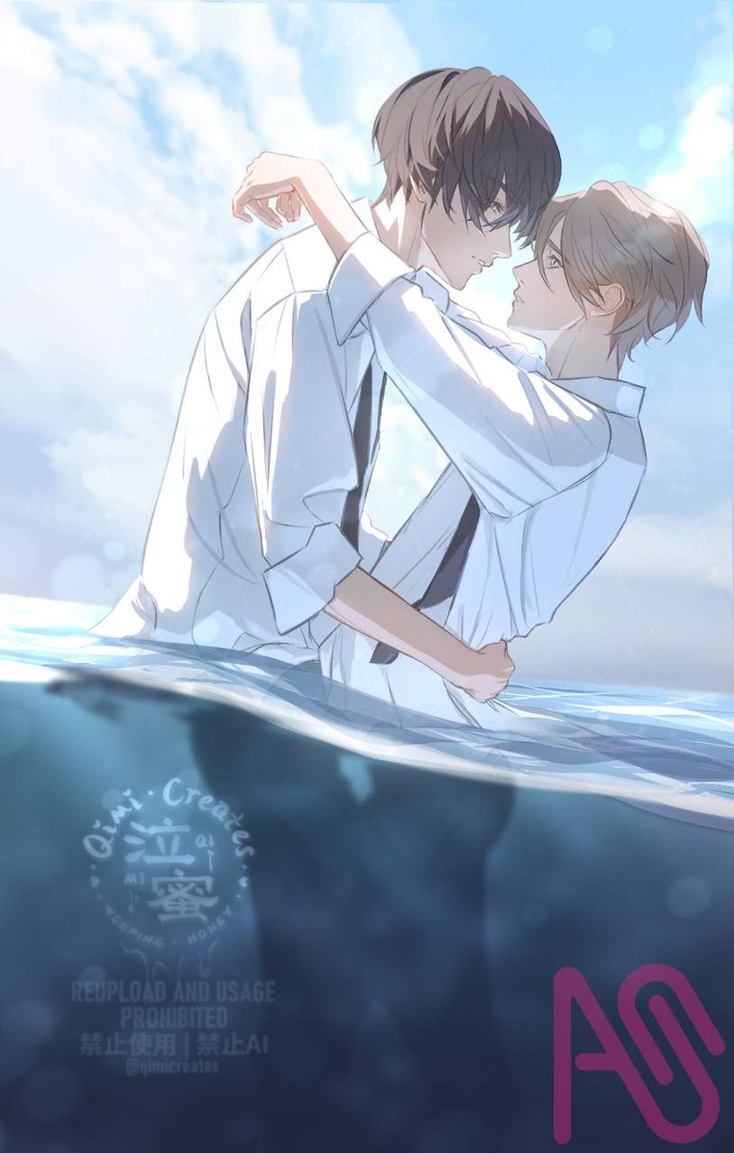 Just Hold On Tight To Me | 俺にしっかりつかまってればいいんだよ Illust of Qimi 泣蜜 BL summer illustration original male oc man pretty sea handsome