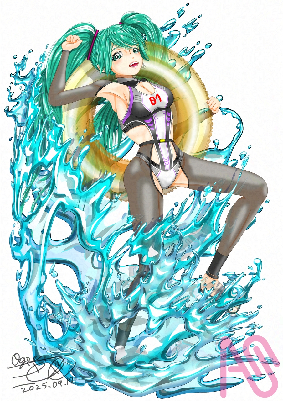 初音ミク　勝手に描いてみたサイバー競泳水着（タップしてみてください🙏） Illust of 大賀　三芭図（tachibanafactory） fanfic girl hatsunemiku VOCALOID female 水飛沫 サイバー競泳水着