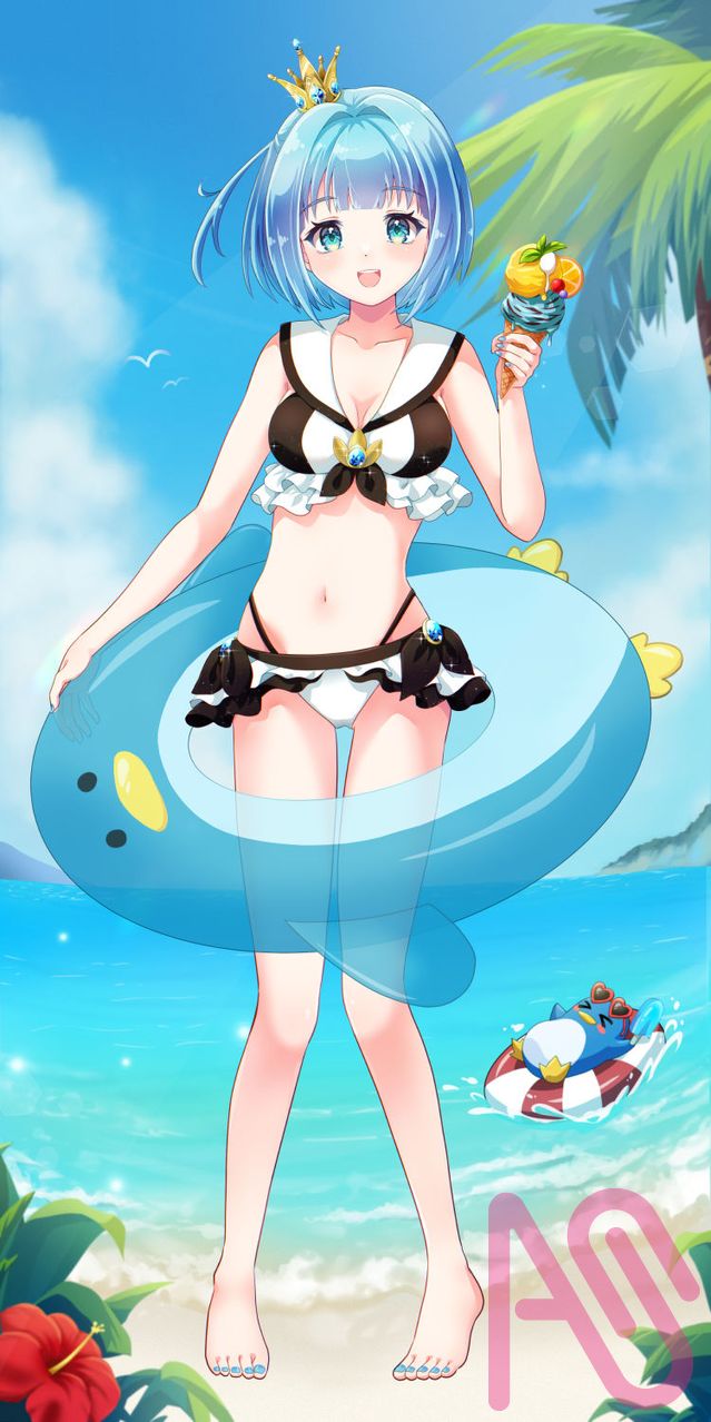 commission[146]／IRIAM立ち絵 Illust of Yui Mirano@WhiteBearYM girl summer 水色 commission background sea Artwork swimsuit Penguin IRIAM